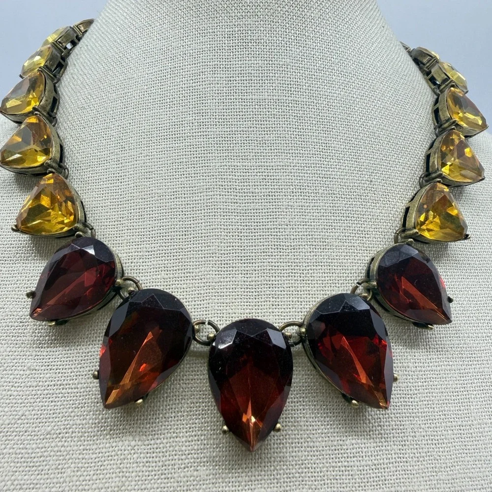 Amber & Gold Tone Red Facet Teardrop Acrylic Antiqued Chunky Statement Necklace